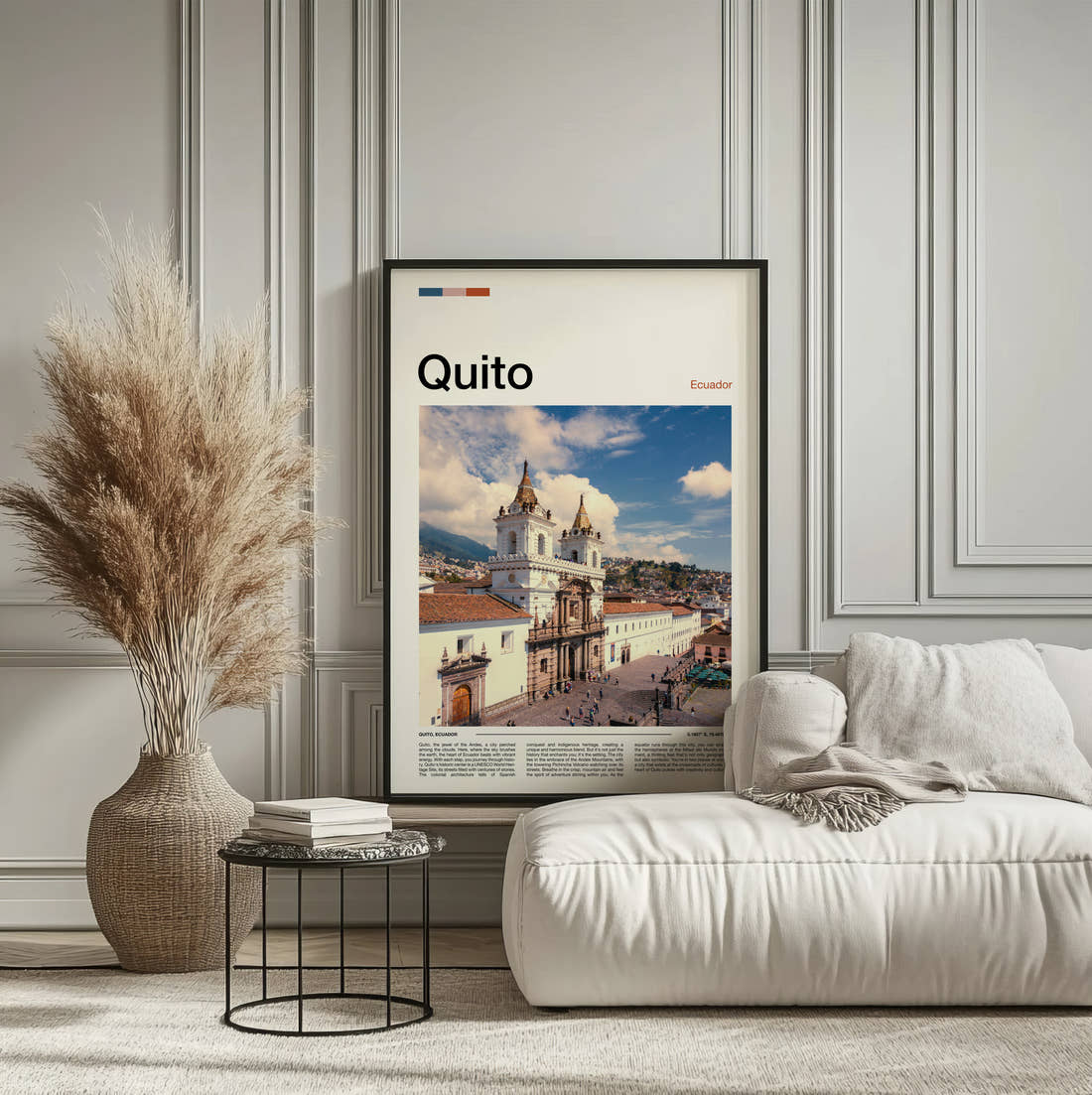 Quito Colonial Church Travel Print framed on the wall of a calm, neutral bedroom