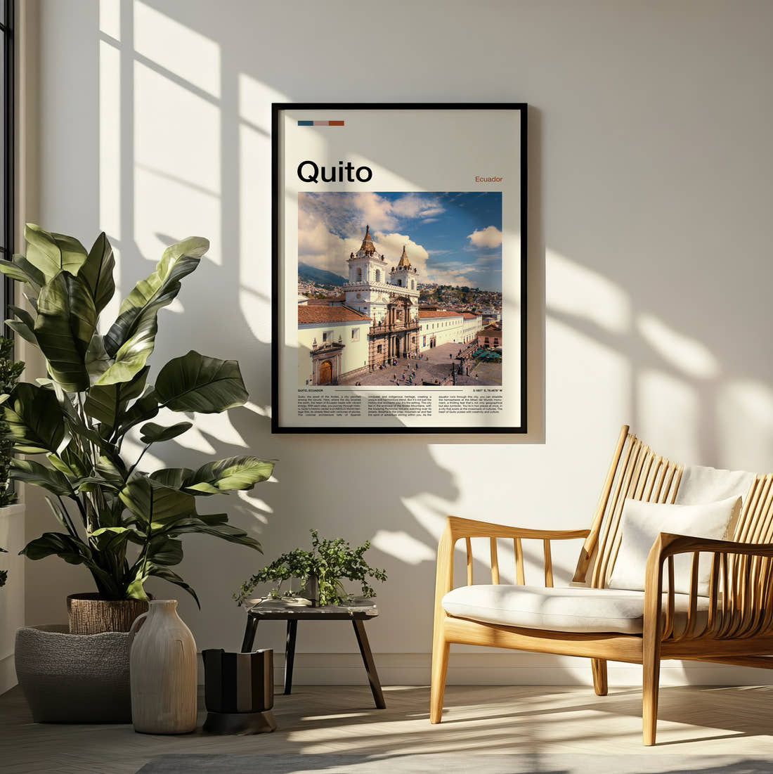 Quito Colonial Church Travel Print framed on a pale wall beside houseplants