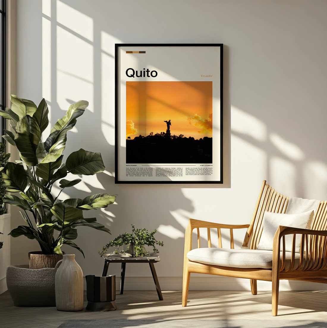 Quito Winged Virgin Statue Travel Print framed on a pale wall beside houseplants