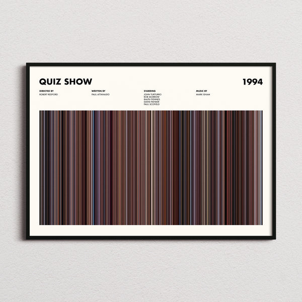 Quiz Show Movie Barcode Poster framed and photographed straight on