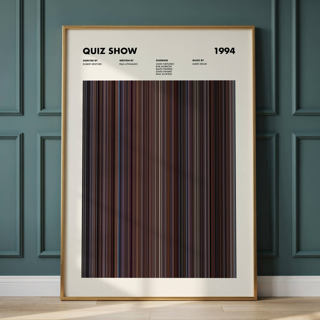 Quiz Show Movie Barcode Poster framed and leaning against a panelled wall