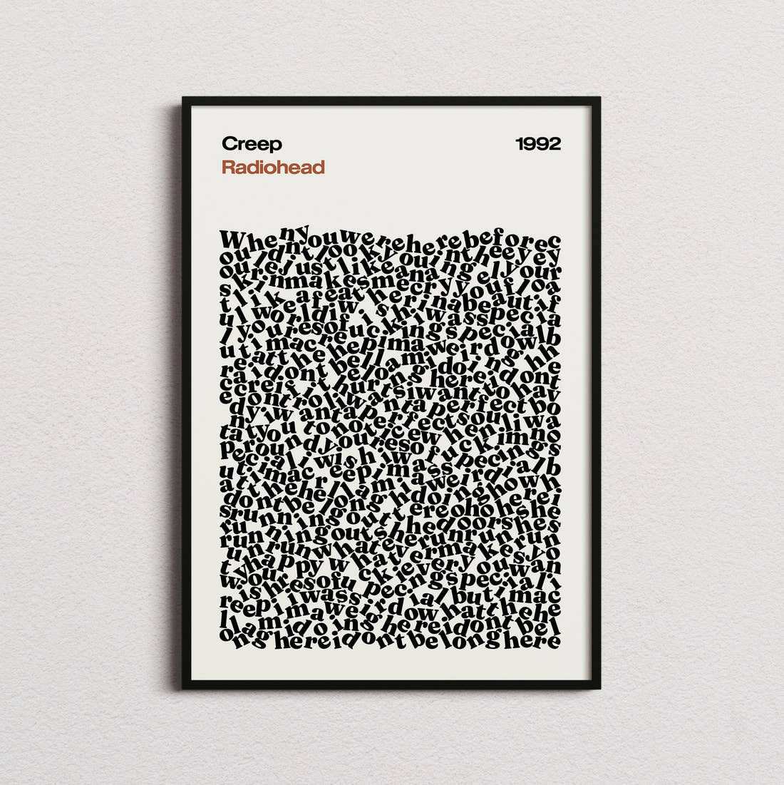 Radiohead Creep Lyric Print in the cream colourway, framed
