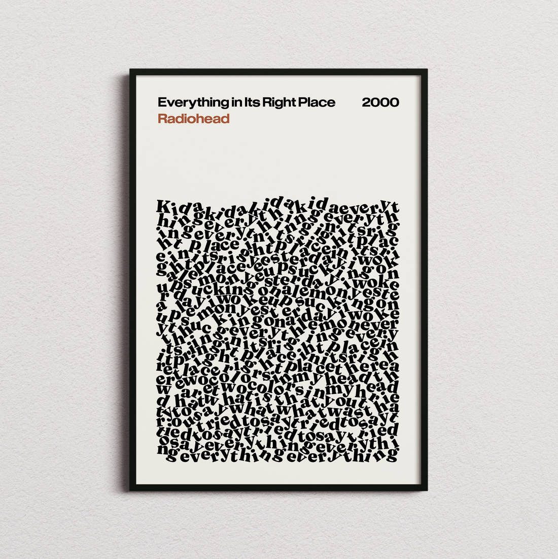 Radiohead Everything in Its Right Place Lyric Print in the cream colourway, framed