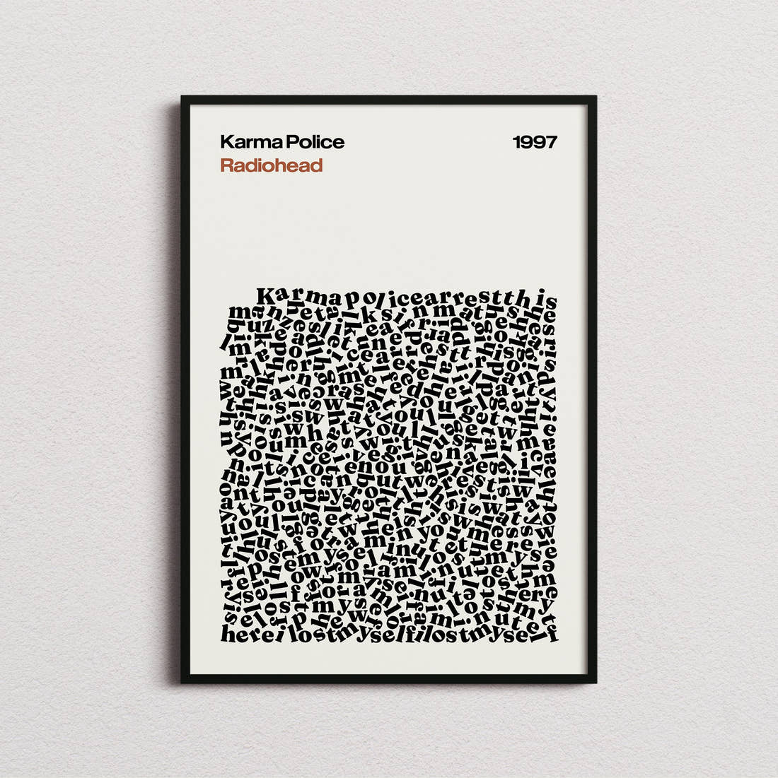 Radiohead Karma Police Lyric Print in the cream colourway, framed