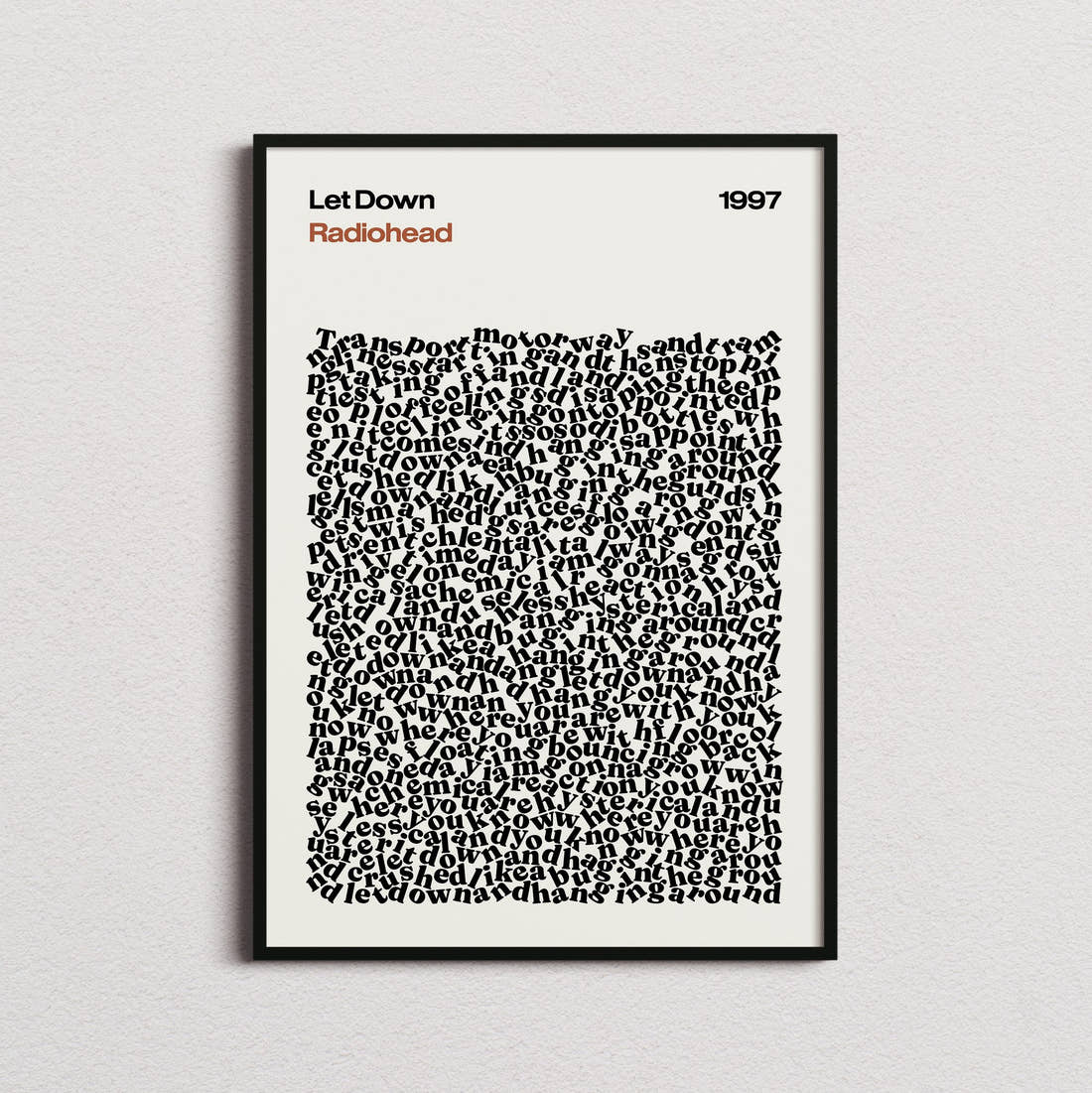 Radiohead Let Down Lyric Print in the cream colourway, framed