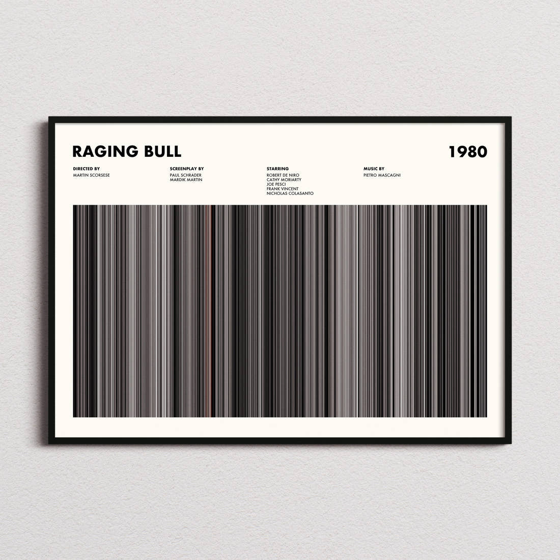Raging Bull Movie Barcode Poster framed and photographed straight on
