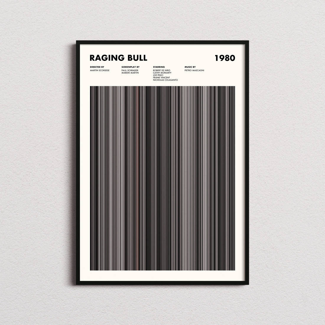Raging Bull Movie Barcode Poster framed on a plain studio wall