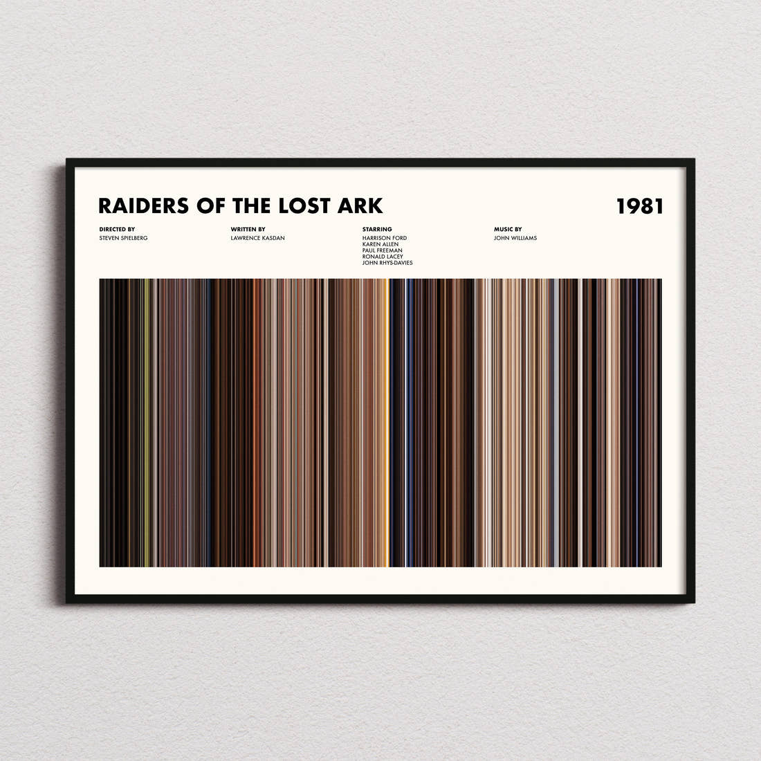Raiders of the Lost Ark Movie Barcode Poster framed and photographed straight on