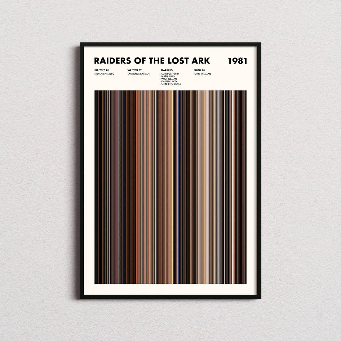 Raiders of the Lost Ark Movie Barcode Poster framed on a plain studio wall
