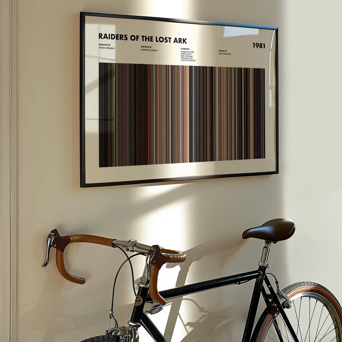 Raiders of the Lost Ark Movie Barcode Poster framed on the wall of a styled room setting
