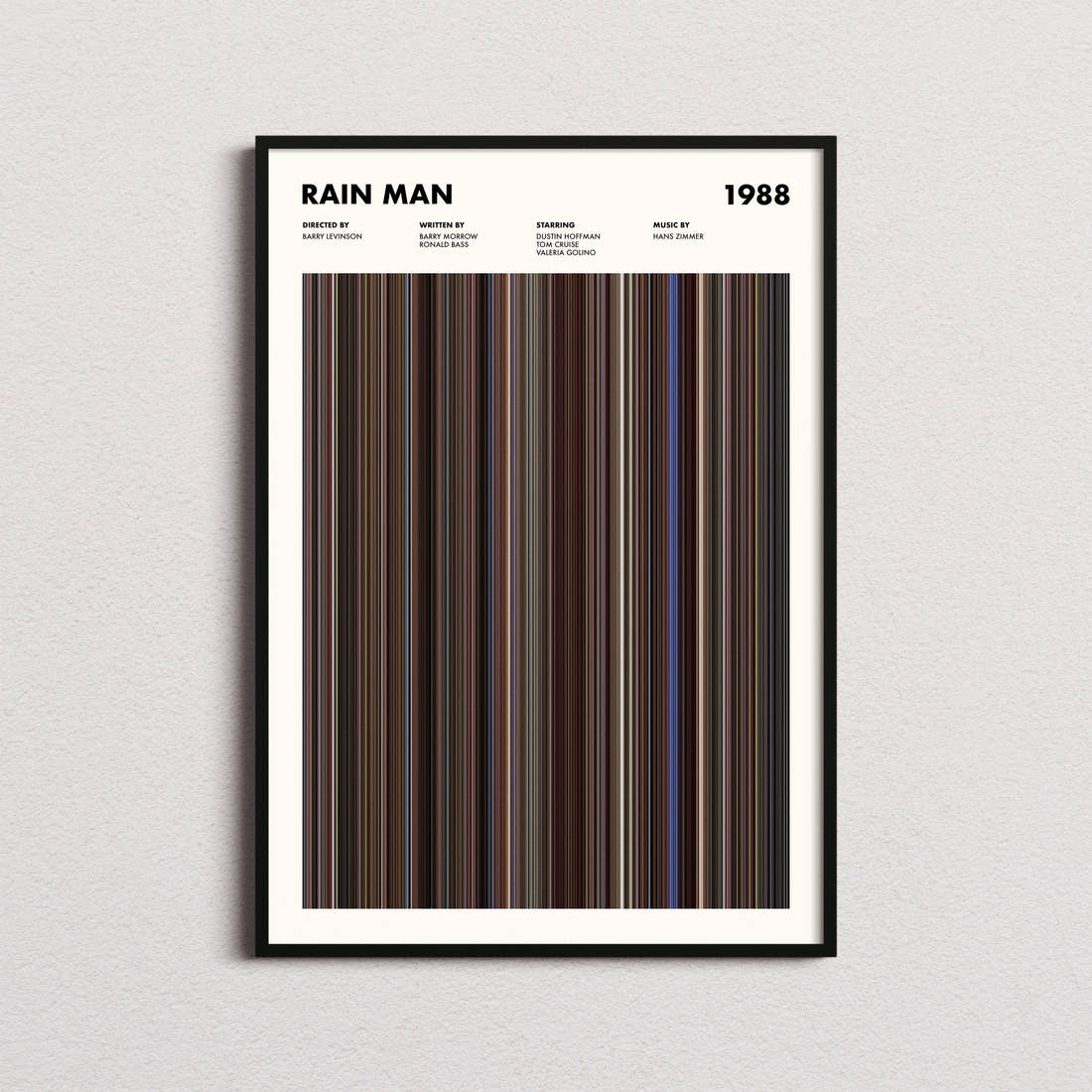 Rain Man Movie Barcode Poster framed on a plain studio wall