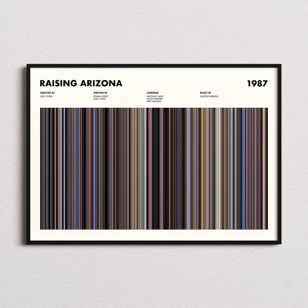 Raising Arizona Movie Barcode Poster framed and photographed straight on