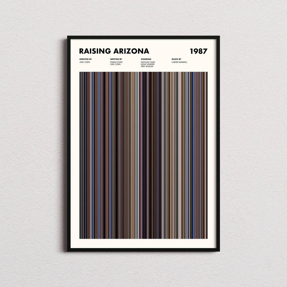 Raising Arizona Movie Barcode Poster framed on a plain studio wall