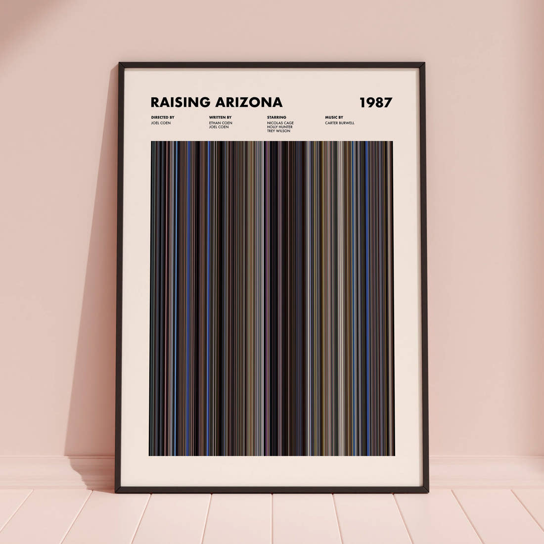 Raising Arizona Movie Barcode Poster framed and leaning against a coloured wall