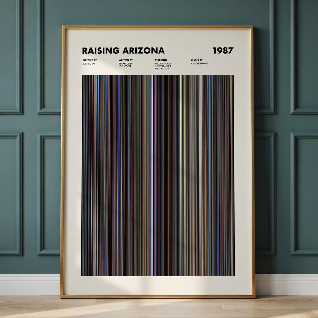 Raising Arizona Movie Barcode Poster framed and leaning against a panelled wall