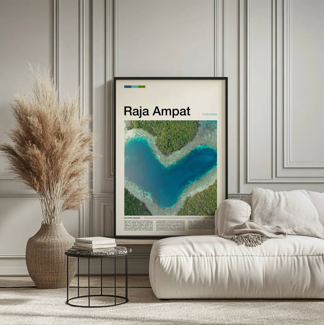 Raja Ampat Heart-Shaped Lagoon Travel Print framed on the wall of a calm, neutral bedroom