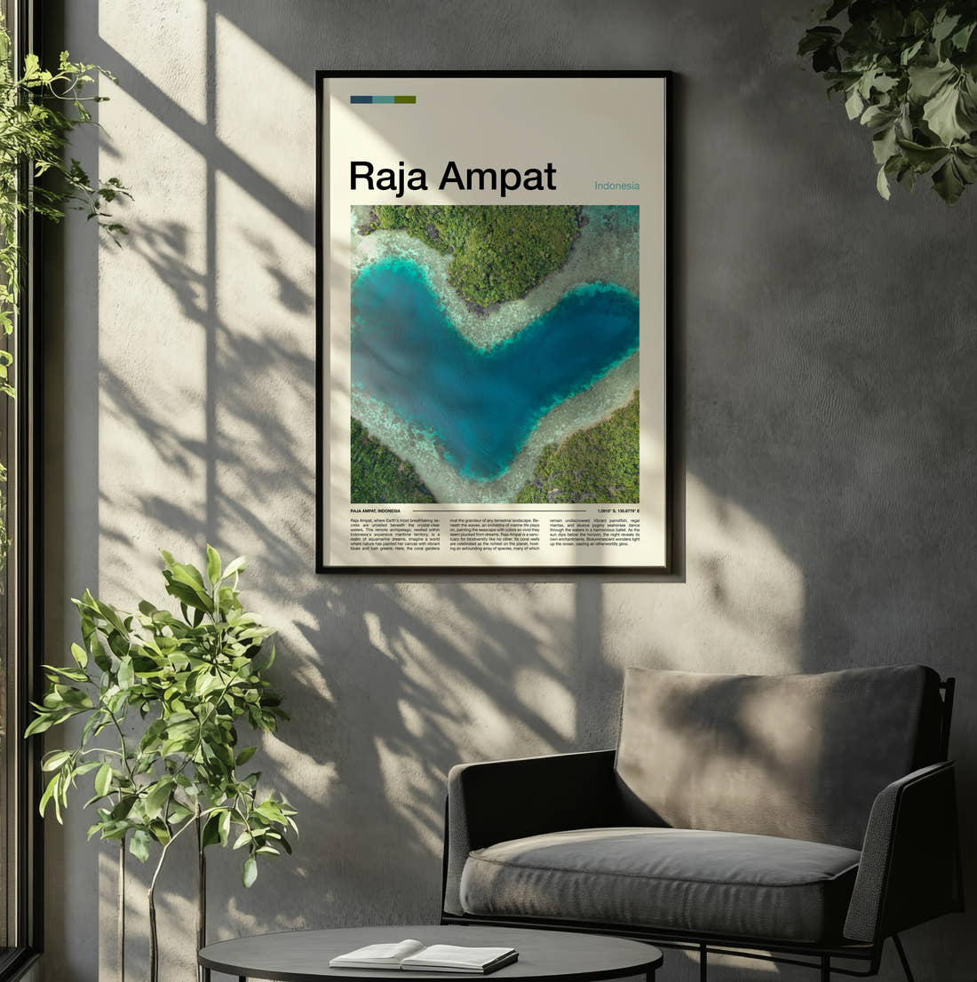 Raja Ampat Heart-Shaped Lagoon Travel Print framed on the wall of a relaxed living room