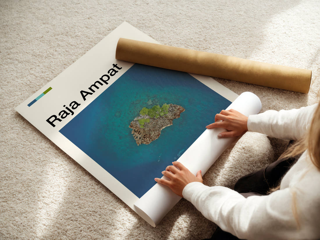 Raja Ampat Small Island From Above Travel Print being unrolled from its postal tube
