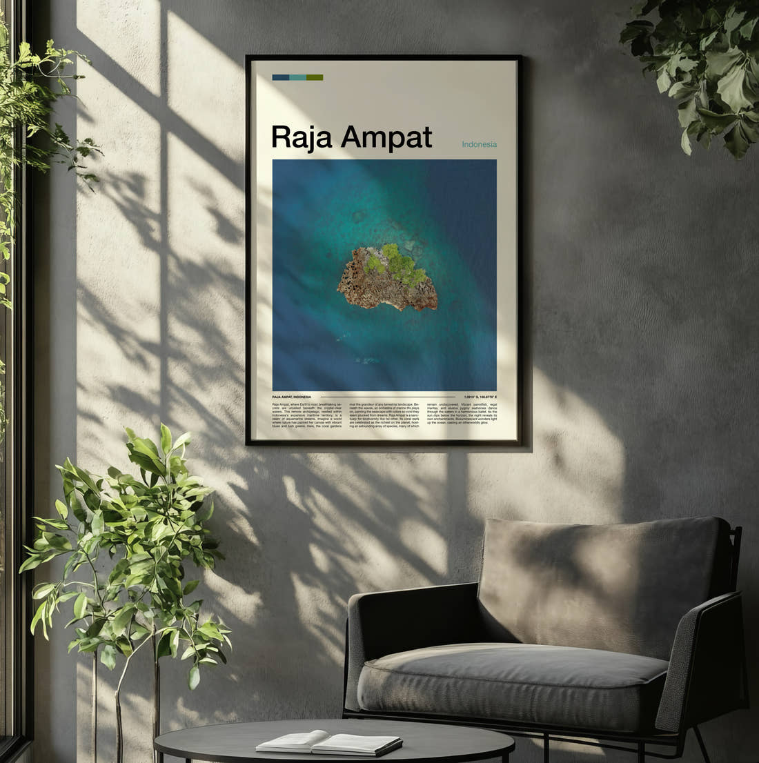 Raja Ampat Small Island From Above Travel Print framed on the wall of a relaxed living room