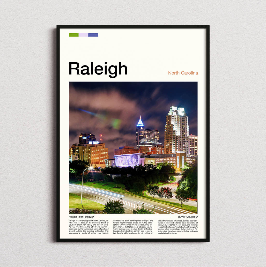 Raleigh Skyline At Night Travel Print framed and photographed straight on