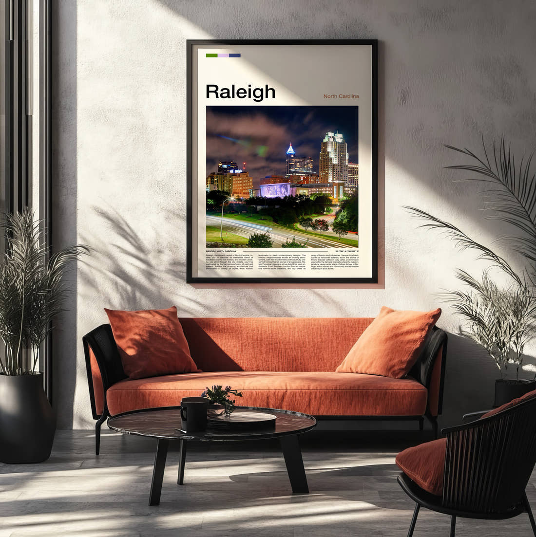 Raleigh Skyline At Night Travel Print framed on the wall of a modern living room