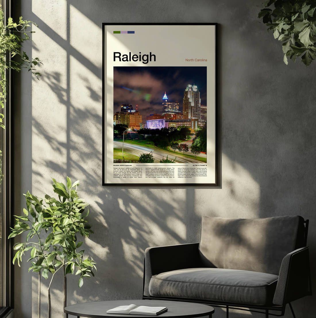 Raleigh Skyline At Night Travel Print framed on the wall of a relaxed living room