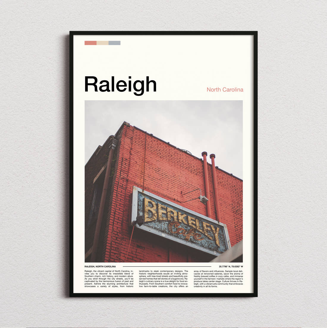 Raleigh Brick Building With Sign Travel Print framed and photographed straight on