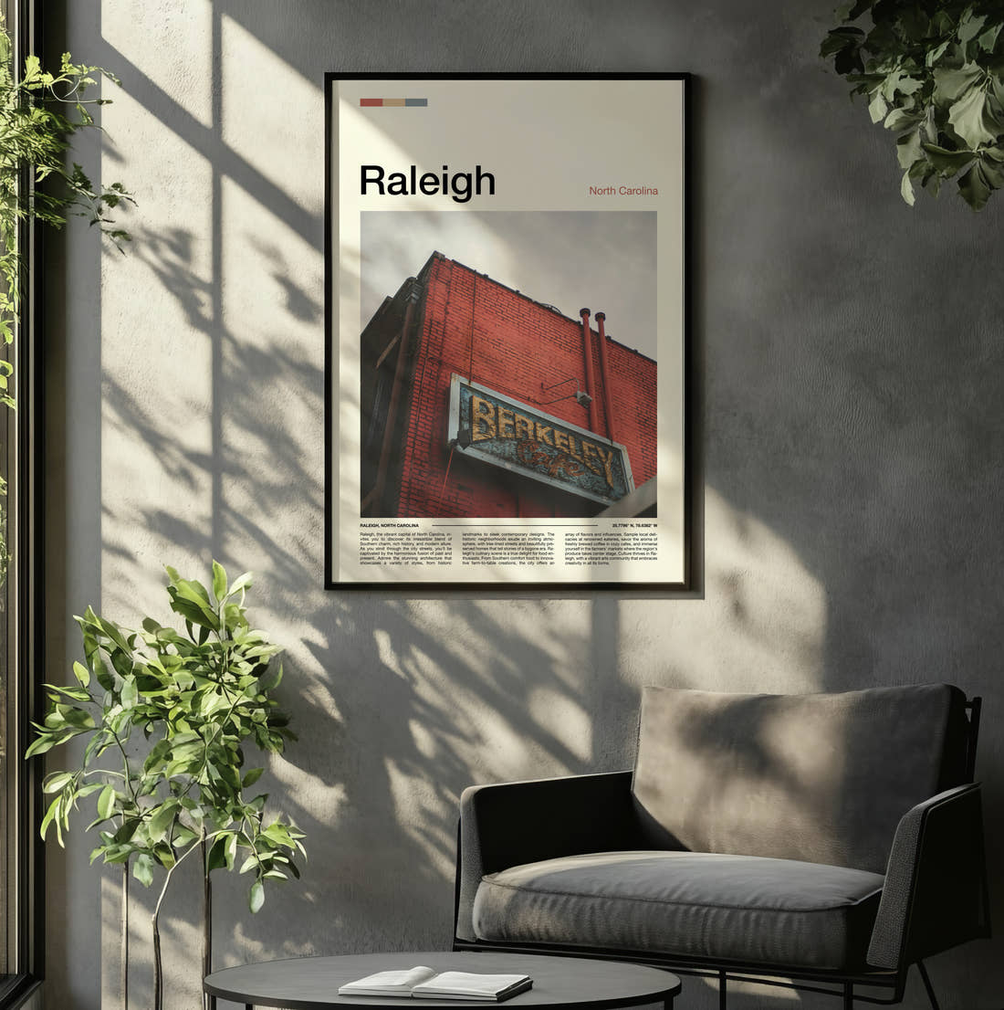 Raleigh Brick Building With Sign Travel Print framed on the wall of a relaxed living room