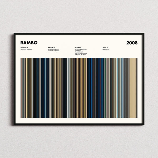Rambo Movie Barcode Poster framed and photographed straight on