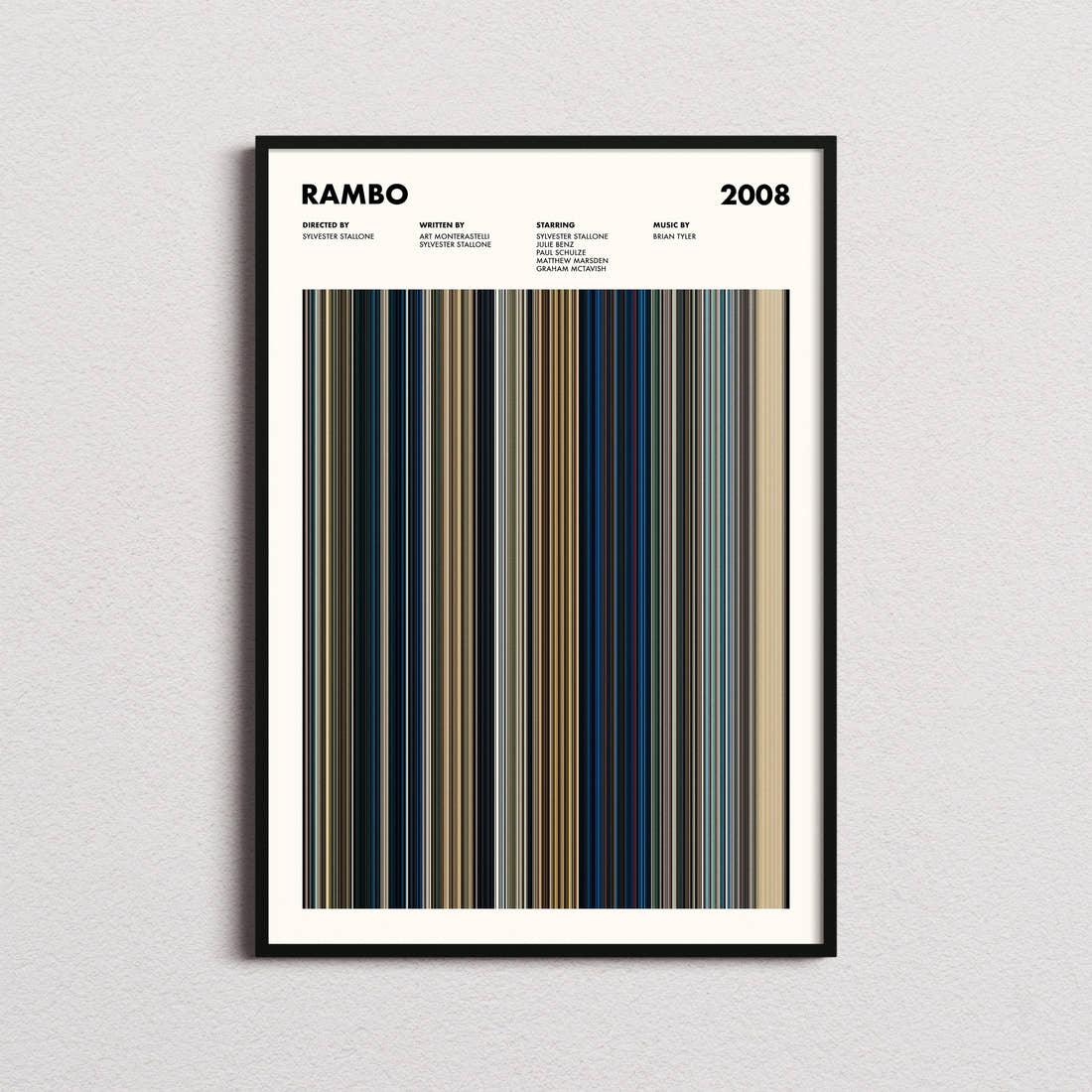 Rambo Movie Barcode Poster framed on a plain studio wall