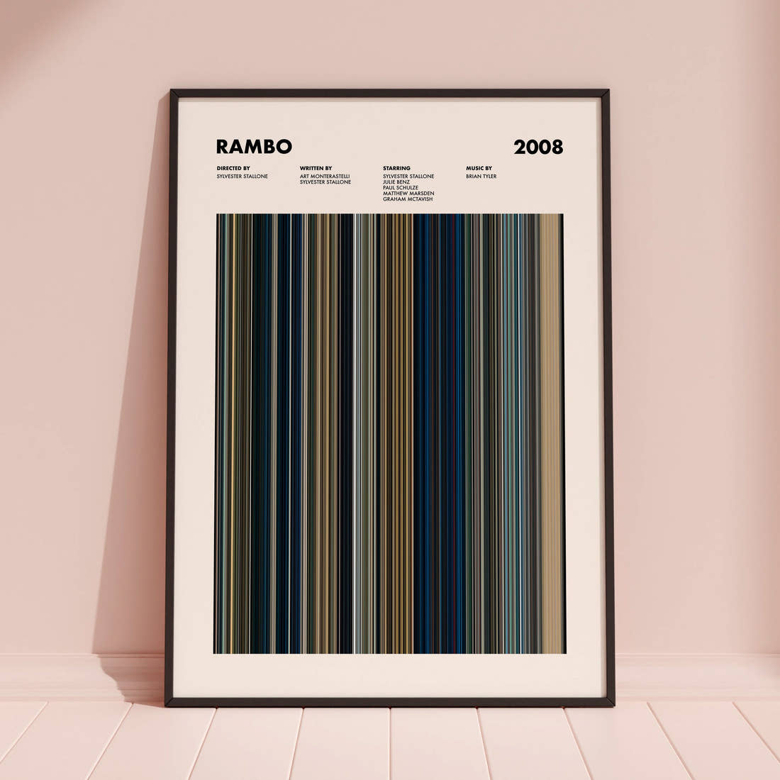 Rambo Movie Barcode Poster framed and leaning against a coloured wall