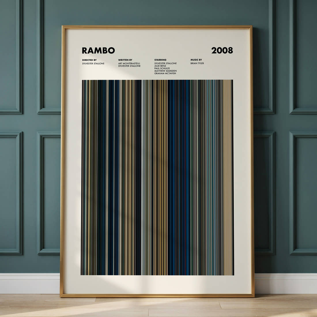 Rambo Movie Barcode Poster framed and leaning against a panelled wall