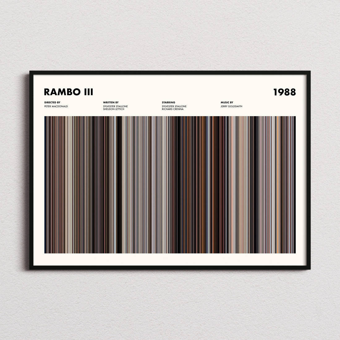 Rambo 3 Movie Barcode Poster framed and photographed straight on