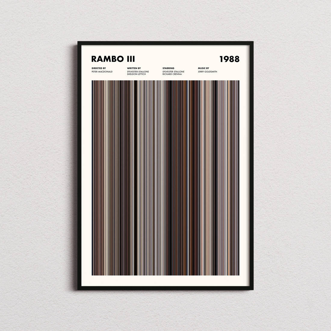Rambo 3 Movie Barcode Poster framed on a plain studio wall