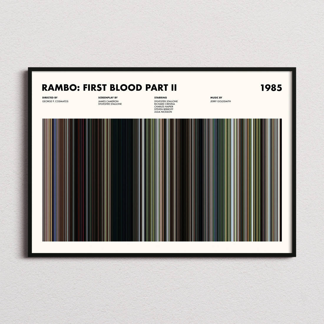 Rambo: First Blood Part II Movie Barcode Poster framed and photographed straight on