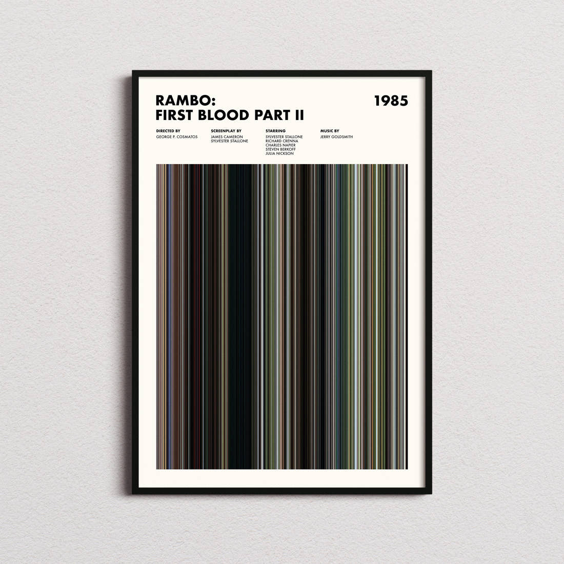 Rambo: First Blood Part II Movie Barcode Poster framed on a plain studio wall