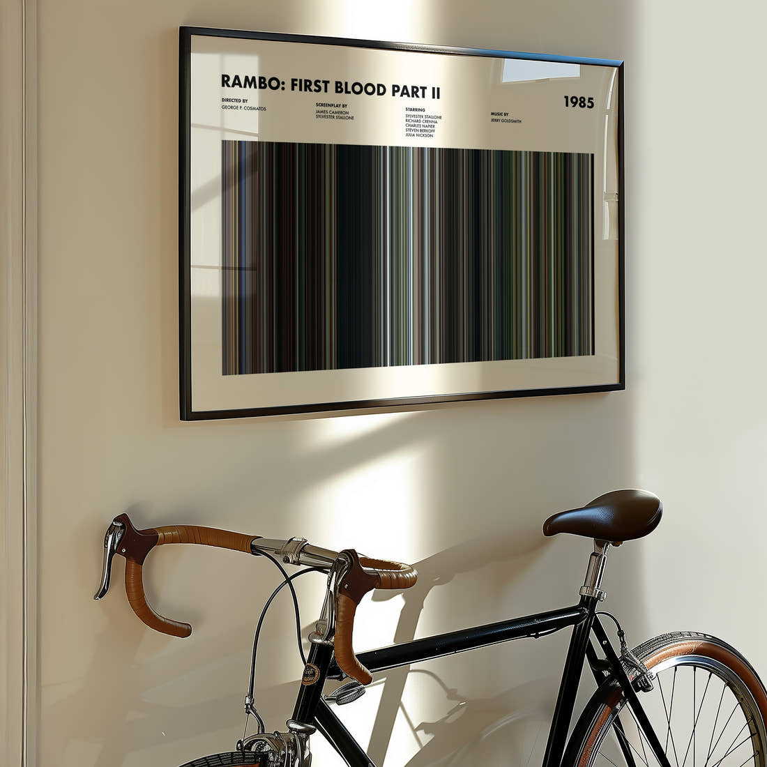 Rambo: First Blood Part II Movie Barcode Poster framed on the wall of a styled room setting
