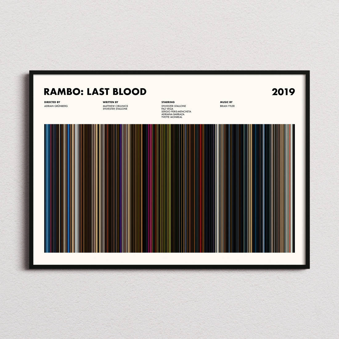 Rambo: Last Blood Movie Barcode Poster framed and photographed straight on
