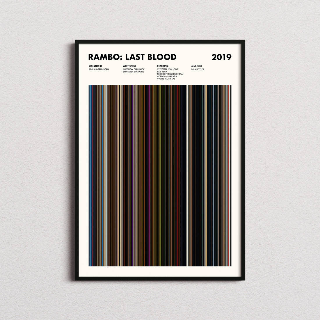 Rambo: Last Blood Movie Barcode Poster framed on a plain studio wall