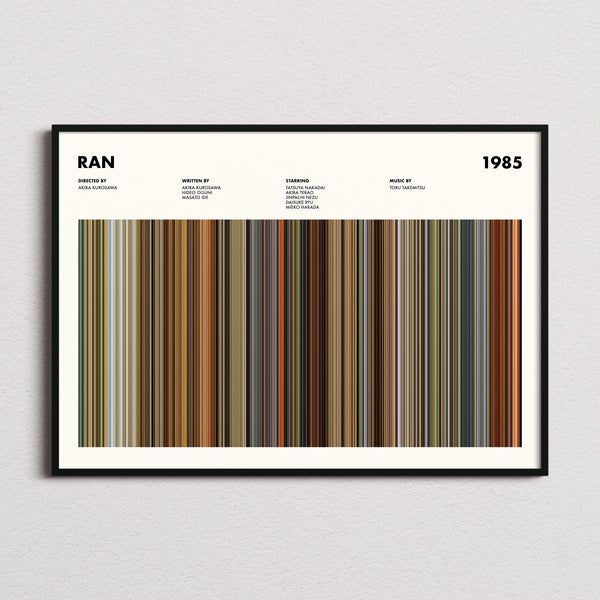 Ran Movie Barcode Poster framed and photographed straight on