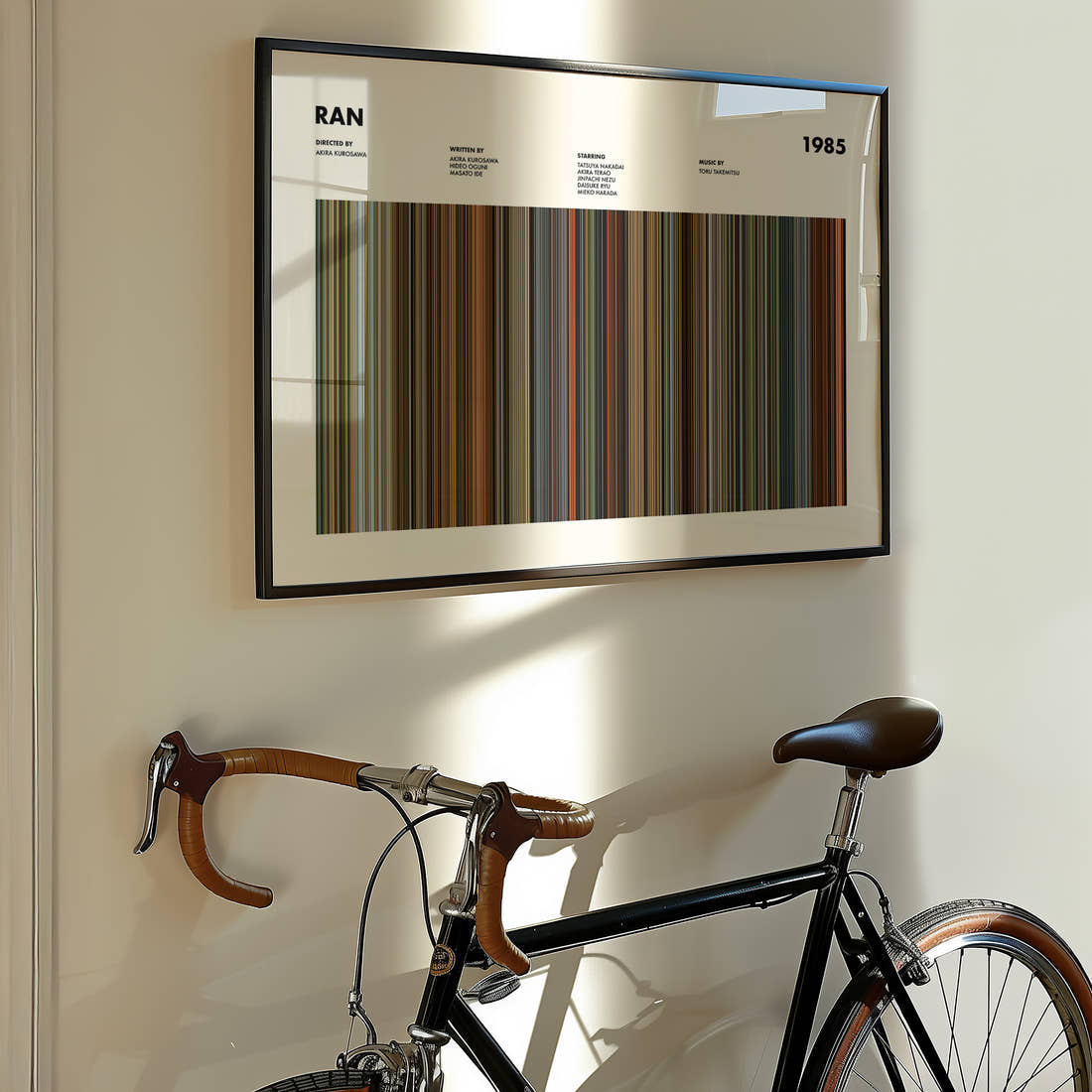 Ran Movie Barcode Poster framed on the wall of a styled room setting