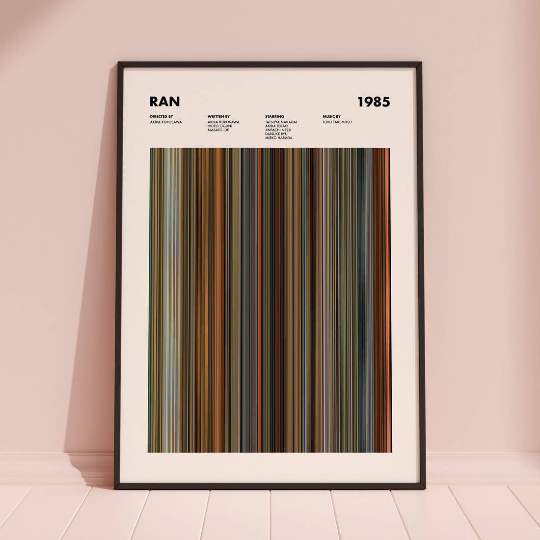 Ran Movie Barcode Poster framed and leaning against a coloured wall