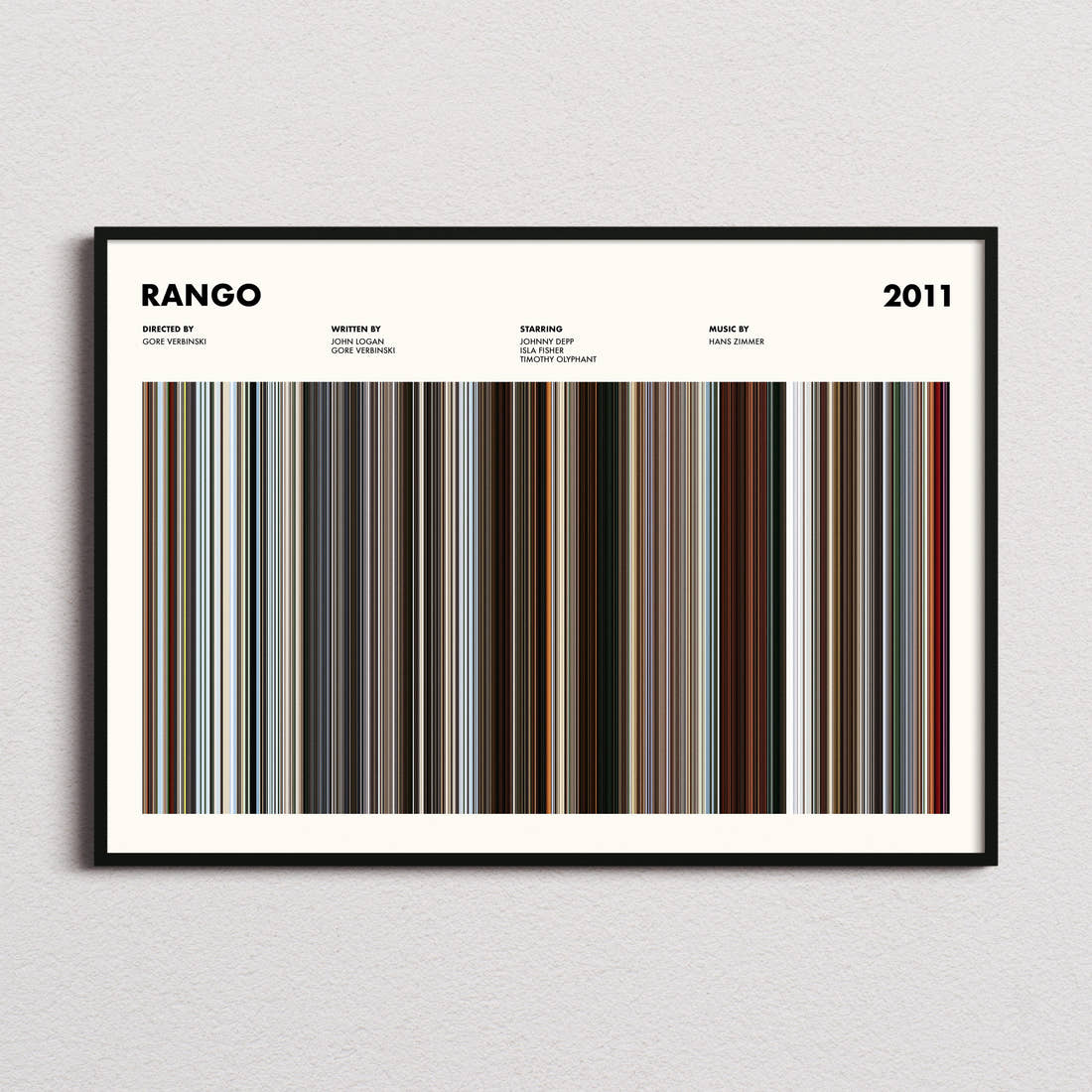Rango Movie Barcode Poster framed and photographed straight on
