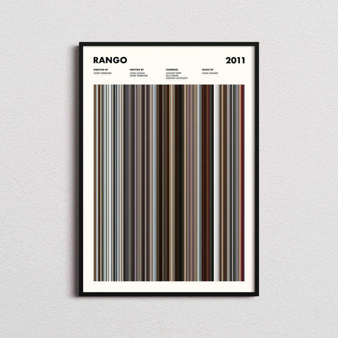 Rango Movie Barcode Poster framed on a plain studio wall
