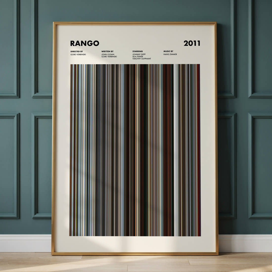 Rango Movie Barcode Poster framed and leaning against a panelled wall