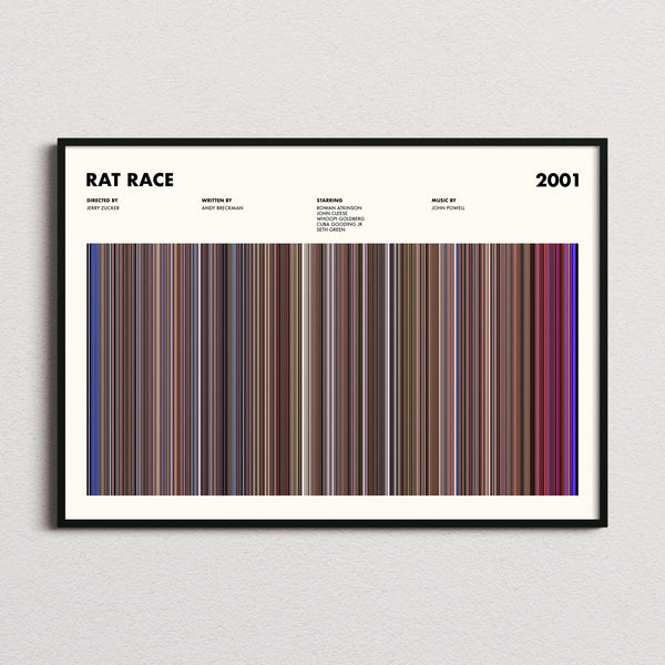 Rat Race Movie Barcode Poster framed and photographed straight on