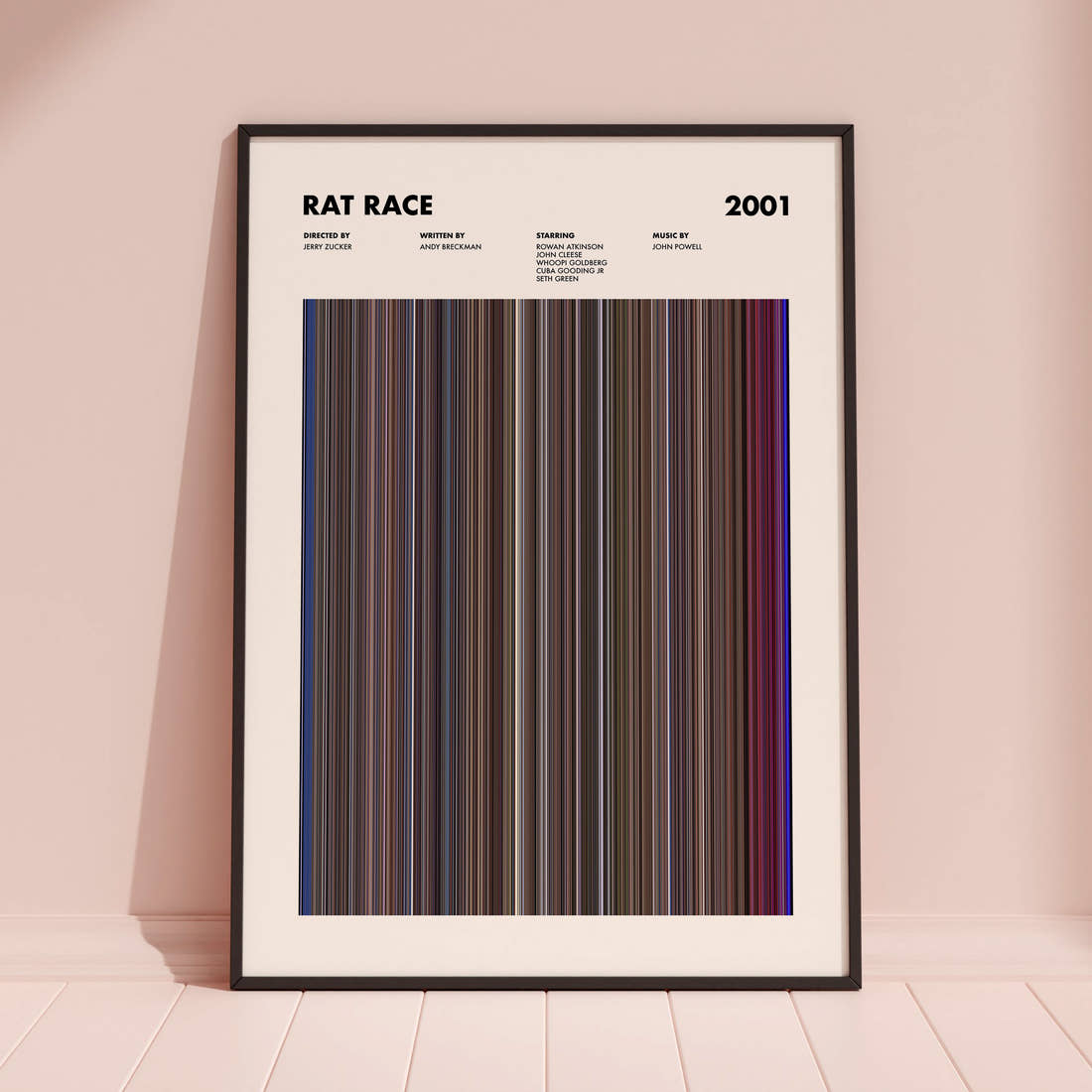Rat Race Movie Barcode Poster framed and leaning against a coloured wall