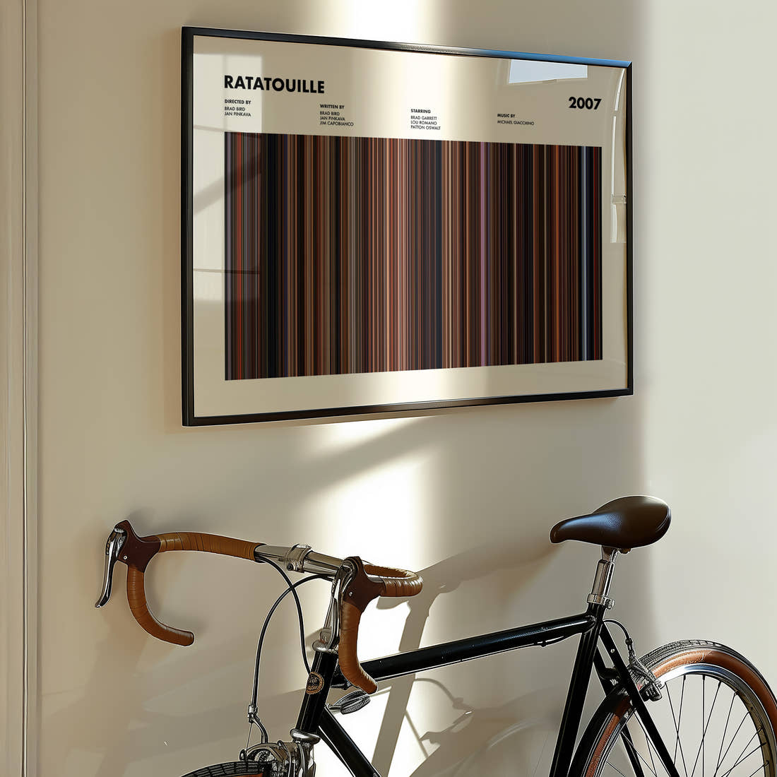 Ratatouille Movie Barcode Poster framed on the wall of a styled room setting