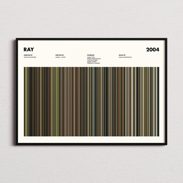 Ray Movie Barcode Poster framed and photographed straight on