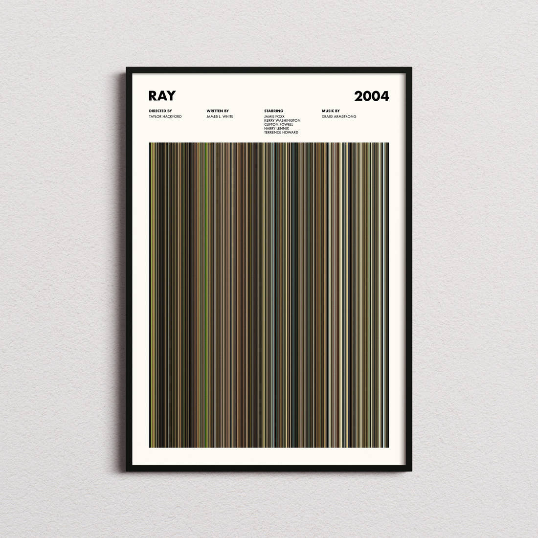Ray Movie Barcode Poster framed on a plain studio wall